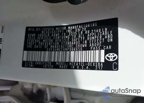 2021 Toyota Corolla Se z USA, uszkodzony, nr VIN 5YFS4MCE6MP066656